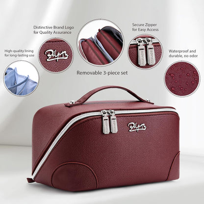 Travel Makeup Bag for Women: Large Cosmetic Bag Set of 3 - PU Leather Make up Bag with Compartments - Compact Waterproof Toiletry Bag with Divider & Handle (D-4-Red) - Colors B