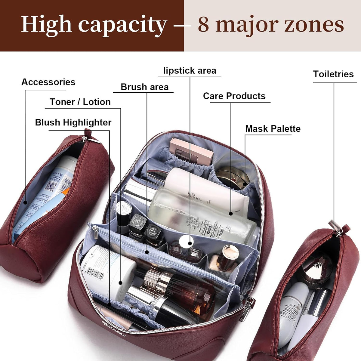 Travel Makeup Bag for Women: Large Cosmetic Bag Set of 3 - PU Leather Make up Bag with Compartments - Compact Waterproof Toiletry Bag with Divider & Handle (D-4-Red) - Colors B