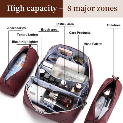 Travel Makeup Bag for Women: Large Cosmetic Bag Set of 3 - PU Leather Make up Bag with Compartments - Compact Waterproof Toiletry Bag with Divider & Handle (D-4-Red) - Colors B