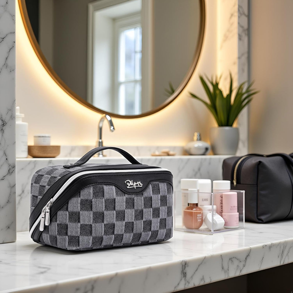 Travel Makeup Bag for Women: Large Cosmetic Bag Set of 3 - PU Leather Make up Bag with Compartments - Compact Waterproof Toiletry Bag with Divider & Handle (D-4-Red) - Colors B