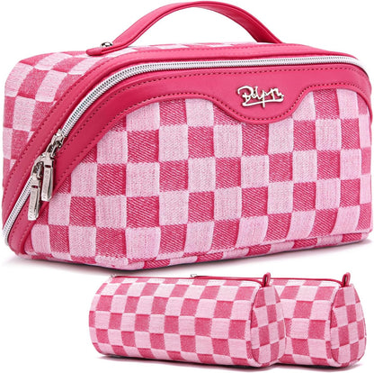 Travel Makeup Bag for Women: Large Cosmetic Bag Set of 3 - PU Leather Make up Bag with Compartments - Compact Waterproof Toiletry Bag with Divider & Handle (D-4-Red) - Colors B