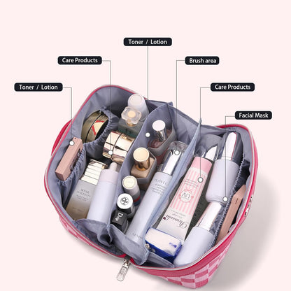 Travel Makeup Bag for Women: Large Cosmetic Bag Set of 3 - PU Leather Make up Bag with Compartments - Compact Waterproof Toiletry Bag with Divider & Handle (D-4-Red) - Colors B