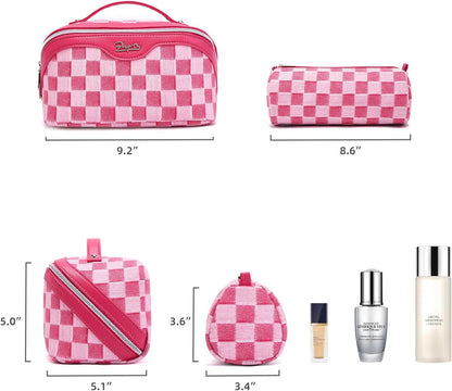 Travel Makeup Bag for Women: Large Cosmetic Bag Set of 3 - PU Leather Make up Bag with Compartments - Compact Waterproof Toiletry Bag with Divider & Handle (D-4-Red) - Colors B