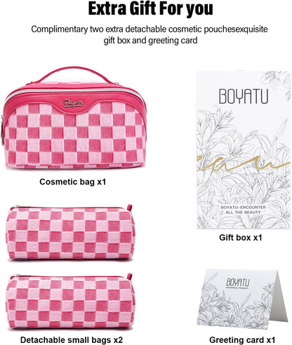 Travel Makeup Bag for Women: Large Cosmetic Bag Set of 3 - PU Leather Make up Bag with Compartments - Compact Waterproof Toiletry Bag with Divider & Handle (D-4-Red) - Colors B