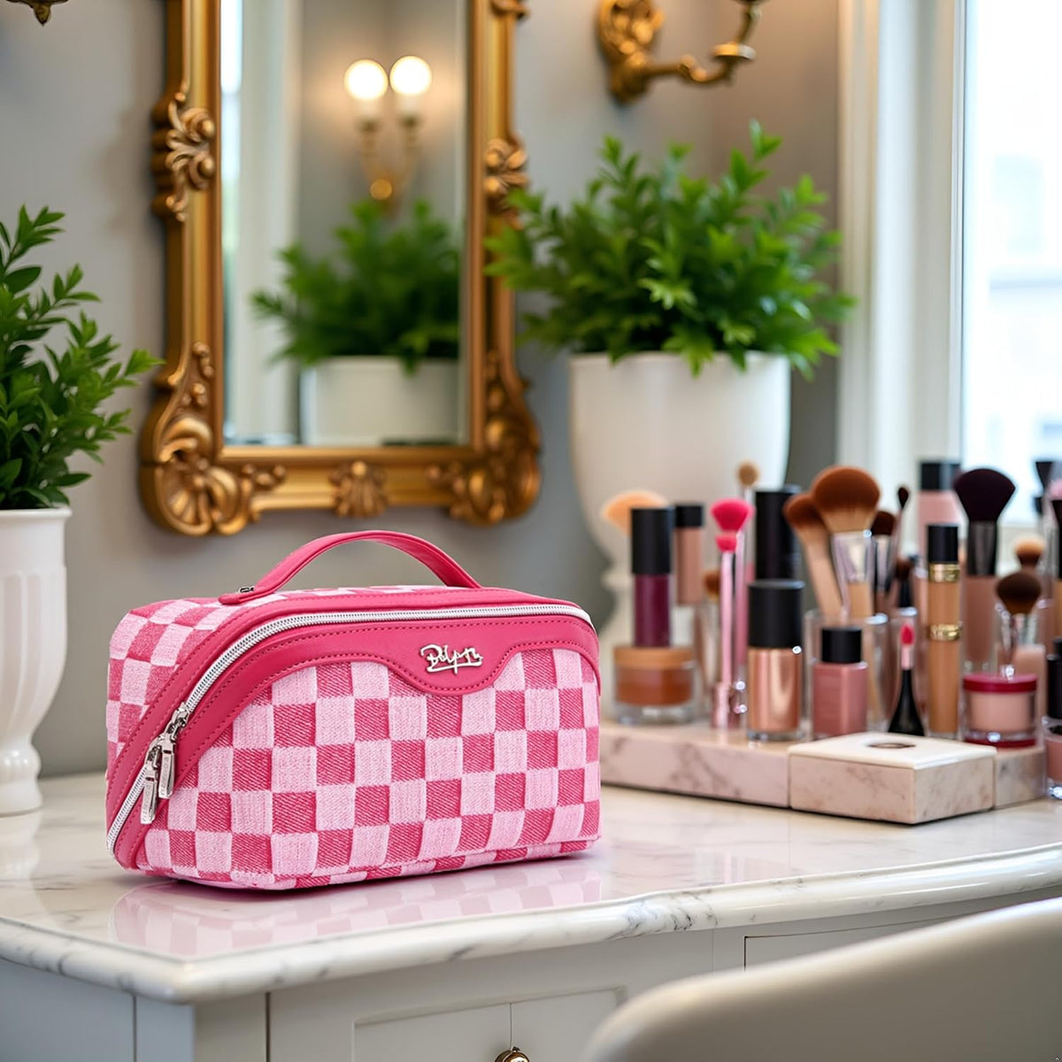 Travel Makeup Bag for Women: Large Cosmetic Bag Set of 3 - PU Leather Make up Bag with Compartments - Compact Waterproof Toiletry Bag with Divider & Handle (D-4-Red) - Colors B
