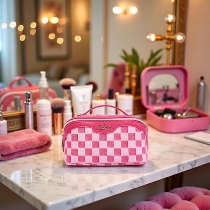 Travel Makeup Bag for Women: Large Cosmetic Bag Set of 3 - PU Leather Make up Bag with Compartments - Compact Waterproof Toiletry Bag with Divider & Handle (D-4-Red) - Colors B
