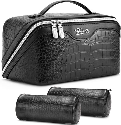 Travel Makeup Bag for Women: Large Cosmetic Bag Set of 3 - PU Leather Make up Bag with Compartments - Compact Waterproof Toiletry Bag with Divider & Handle (D-4-Red) - Colors B