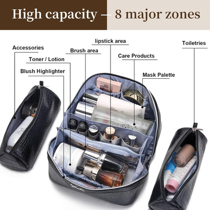 Travel Makeup Bag for Women: Large Cosmetic Bag Set of 3 - PU Leather Make up Bag with Compartments - Compact Waterproof Toiletry Bag with Divider & Handle (D-4-Red) - Colors B