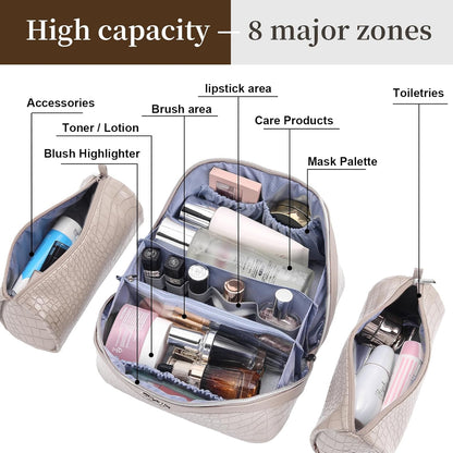 Travel Makeup Bag for Women: Large Cosmetic Bag Set of 3 - PU Leather Make up Bag with Compartments - Compact Waterproof Toiletry Bag with Divider & Handle (D-4-Red) - Colors B