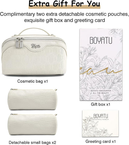 Travel Makeup Bag for Women: Large Cosmetic Bag Set of 3 - PU Leather Make up Bag with Compartments - Compact Waterproof Toiletry Bag with Divider & Handle (D-4-Red) - Colors B