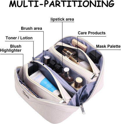 Travel Makeup Bag for Women: Large Cosmetic Bag Set of 3 - PU Leather Make up Bag with Compartments - Compact Waterproof Toiletry Bag with Divider & Handle (D-4-Red) - Colors B