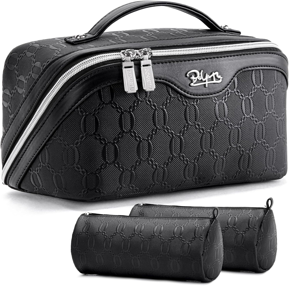 Travel Makeup Bag for Women: Large Cosmetic Bag Set of 3 - PU Leather Make up Bag with Compartments - Compact Waterproof Toiletry Bag with Divider & Handle (D-4-Red) - Colors B