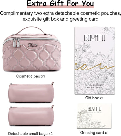 Travel Makeup Bag for Women: Large Cosmetic Bag Set of 3 - PU Leather Make up Bag with Compartments - Compact Waterproof Toiletry Bag with Divider & Handle (D-4-Red) - Colors B
