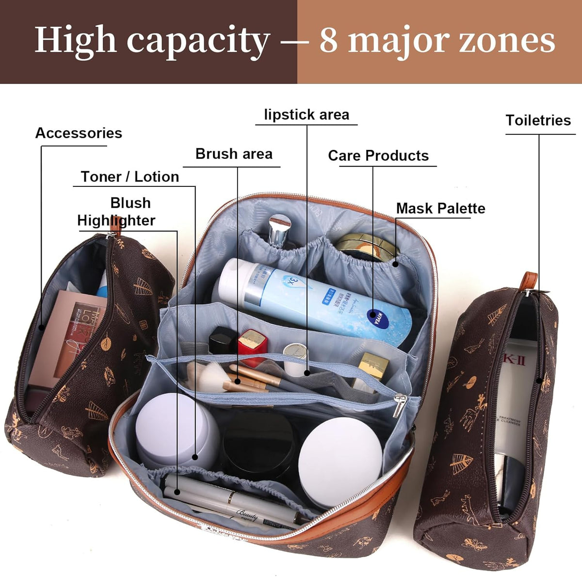 Travel Makeup Bag for Women: Large Cosmetic Bag Set of 3 - PU Leather Make up Bag with Compartments - Compact Waterproof Toiletry Bag with Divider & Handle (D-4-Red) - Colors B