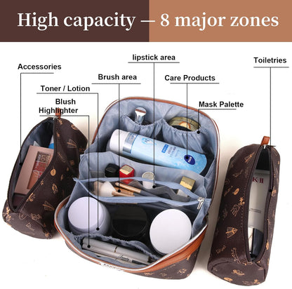 Travel Makeup Bag for Women: Large Cosmetic Bag Set of 3 - PU Leather Make up Bag with Compartments - Compact Waterproof Toiletry Bag with Divider & Handle (D-4-Red) - Colors B