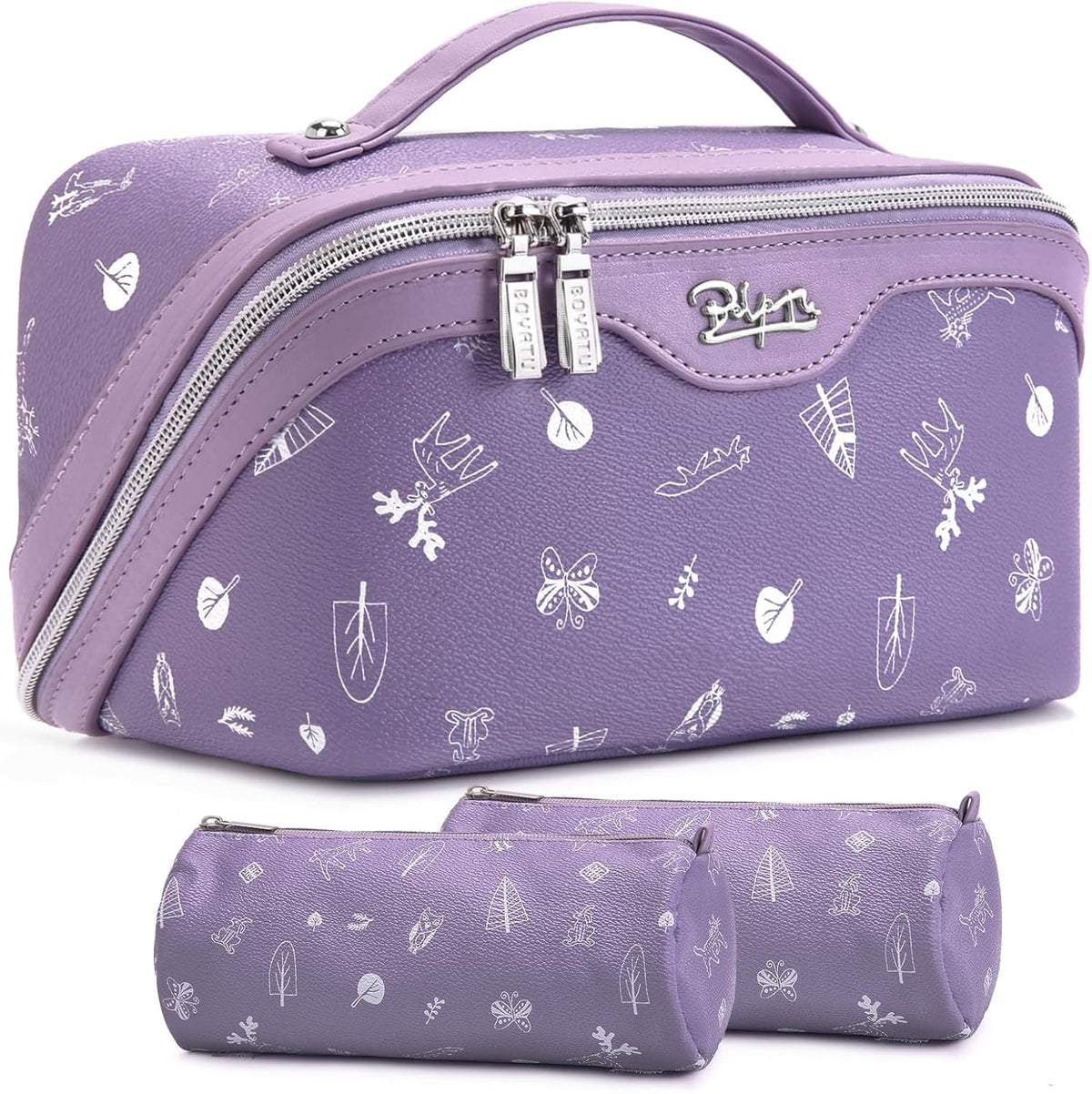 Travel Makeup Bag for Women: Large Cosmetic Bag Set of 3 - PU Leather Make up Bag with Compartments - Compact Waterproof Toiletry Bag with Divider & Handle (D-4-Red) - Colors B