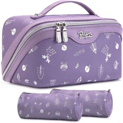 Travel Makeup Bag for Women: Large Cosmetic Bag Set of 3 - PU Leather Make up Bag with Compartments - Compact Waterproof Toiletry Bag with Divider & Handle (D-4-Red) - Colors B