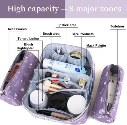 Travel Makeup Bag for Women: Large Cosmetic Bag Set of 3 - PU Leather Make up Bag with Compartments - Compact Waterproof Toiletry Bag with Divider & Handle (D-4-Red) - Colors B