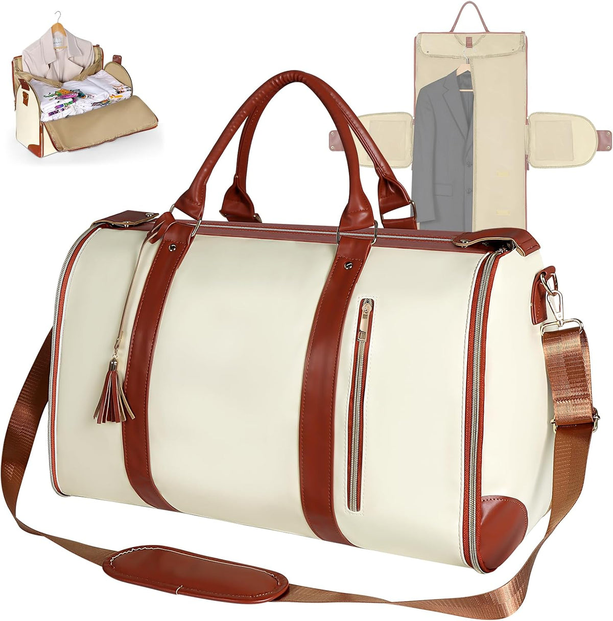 Garment Bags for Travel, Convertible Carry On Garment Duffle Bag for Men & Women with Shoe Pouch & Shoulder Strap, PU Leather, 2 in 1 Hanging Suitcase Suit Bag, Beige
