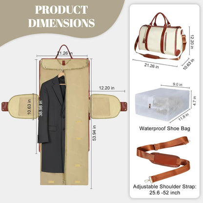 Garment Bags for Travel, Convertible Carry On Garment Duffle Bag for Men & Women with Shoe Pouch & Shoulder Strap, PU Leather, 2 in 1 Hanging Suitcase Suit Bag, Beige