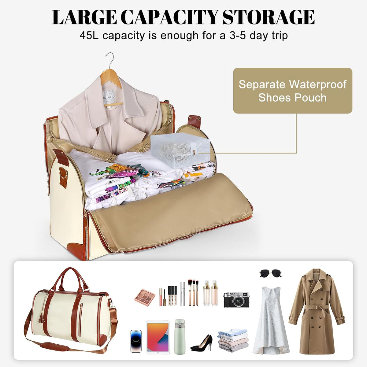Garment Bags for Travel, Convertible Carry On Garment Duffle Bag for Men & Women with Shoe Pouch & Shoulder Strap, PU Leather, 2 in 1 Hanging Suitcase Suit Bag, Beige