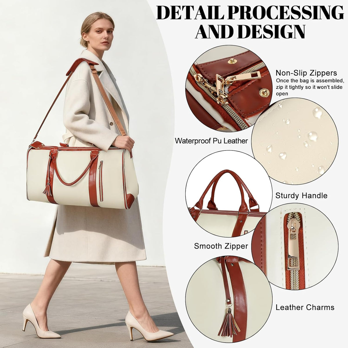 Garment Bags for Travel, Convertible Carry On Garment Duffle Bag for Men & Women with Shoe Pouch & Shoulder Strap, PU Leather, 2 in 1 Hanging Suitcase Suit Bag, Beige