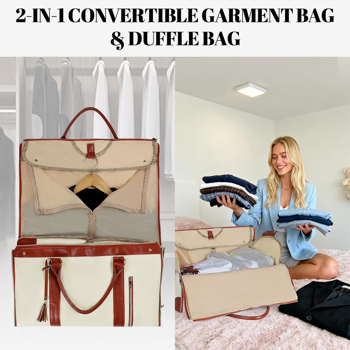 Garment Bags for Travel, Convertible Carry On Garment Duffle Bag for Men & Women with Shoe Pouch & Shoulder Strap, PU Leather, 2 in 1 Hanging Suitcase Suit Bag, Beige