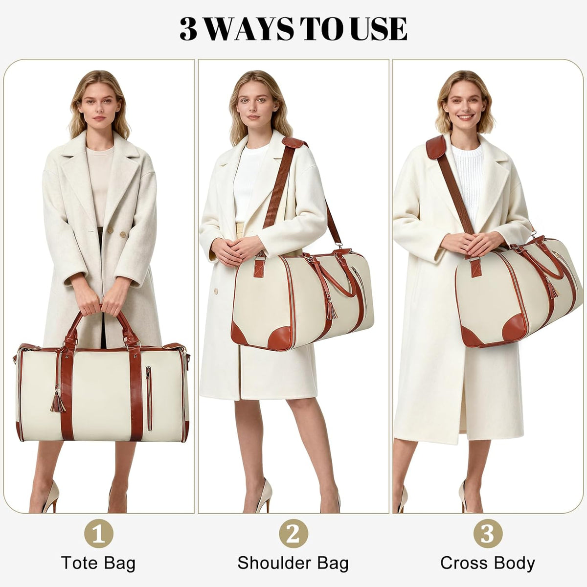 Garment Bags for Travel, Convertible Carry On Garment Duffle Bag for Men & Women with Shoe Pouch & Shoulder Strap, PU Leather, 2 in 1 Hanging Suitcase Suit Bag, Beige