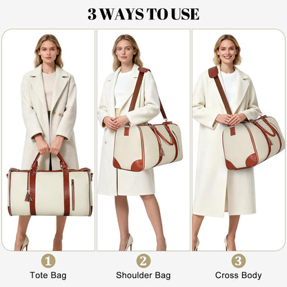 Garment Bags for Travel, Convertible Carry On Garment Duffle Bag for Men & Women with Shoe Pouch & Shoulder Strap, PU Leather, 2 in 1 Hanging Suitcase Suit Bag, Beige