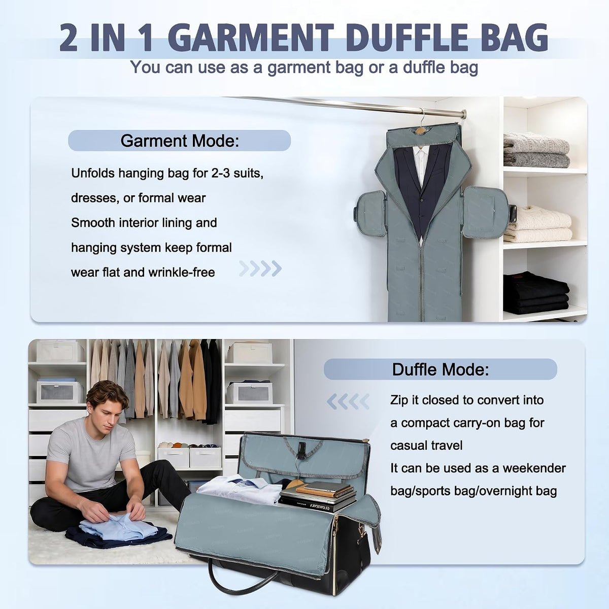 Garment Bags for Travel, Convertible Carry On Garment Duffle Bag for Men & Women with Shoe Pouch & Shoulder Strap, PU Leather, 2 in 1 Hanging Suitcase Suit Bag, Beige