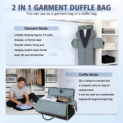 Garment Bags for Travel, Convertible Carry On Garment Duffle Bag for Men & Women with Shoe Pouch & Shoulder Strap, PU Leather, 2 in 1 Hanging Suitcase Suit Bag, Beige