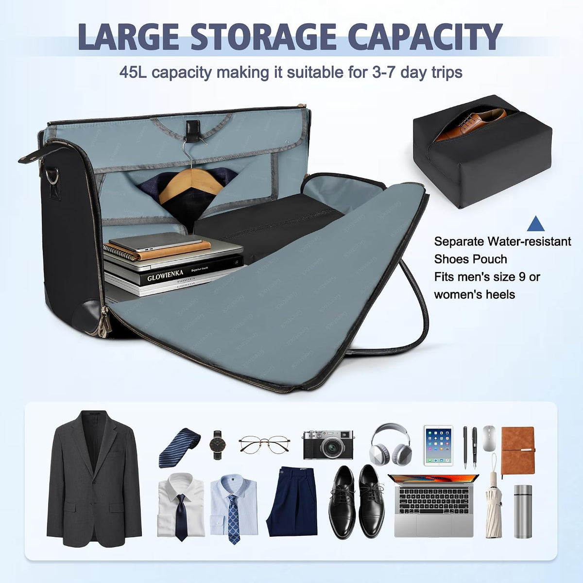 Garment Bags for Travel, Convertible Carry On Garment Duffle Bag for Men & Women with Shoe Pouch & Shoulder Strap, PU Leather, 2 in 1 Hanging Suitcase Suit Bag, Beige
