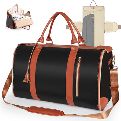 Garment Bags for Travel, Convertible Carry On Garment Duffle Bag for Men & Women with Shoe Pouch & Shoulder Strap, PU Leather, 2 in 1 Hanging Suitcase Suit Bag, Beige