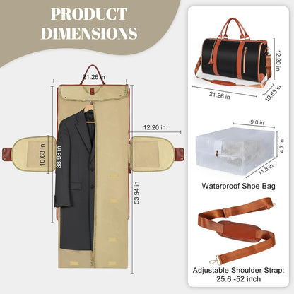 Garment Bags for Travel, Convertible Carry On Garment Duffle Bag for Men & Women with Shoe Pouch & Shoulder Strap, PU Leather, 2 in 1 Hanging Suitcase Suit Bag, Beige