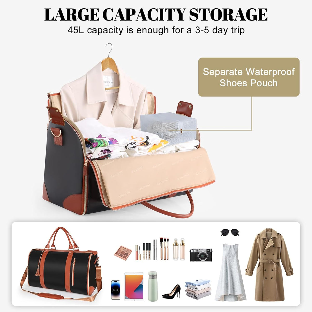 Garment Bags for Travel, Convertible Carry On Garment Duffle Bag for Men & Women with Shoe Pouch & Shoulder Strap, PU Leather, 2 in 1 Hanging Suitcase Suit Bag, Beige