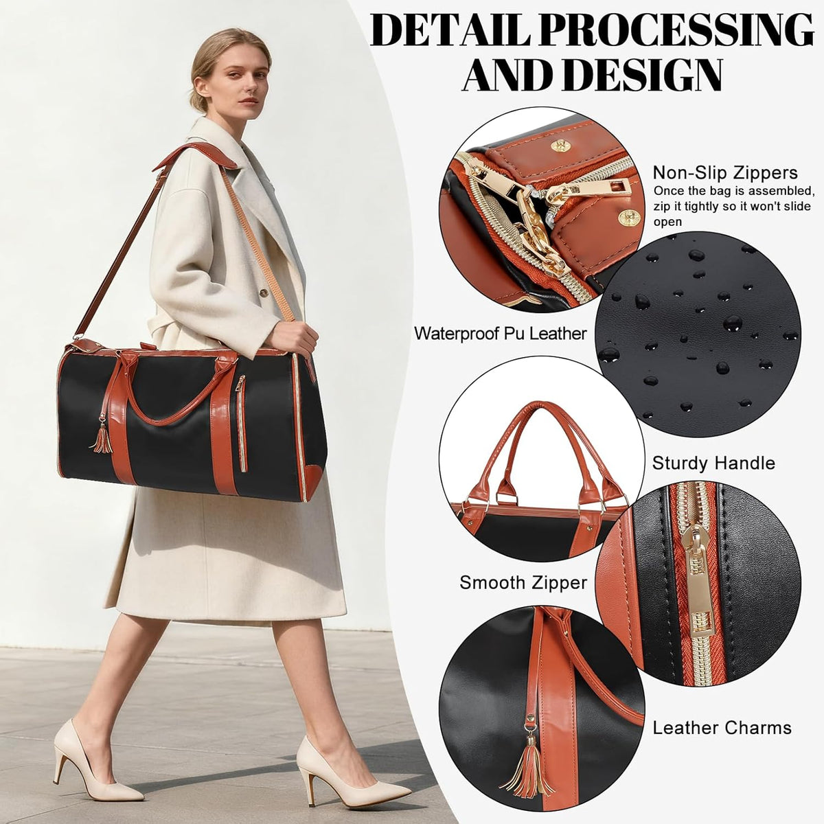 Garment Bags for Travel, Convertible Carry On Garment Duffle Bag for Men & Women with Shoe Pouch & Shoulder Strap, PU Leather, 2 in 1 Hanging Suitcase Suit Bag, Beige