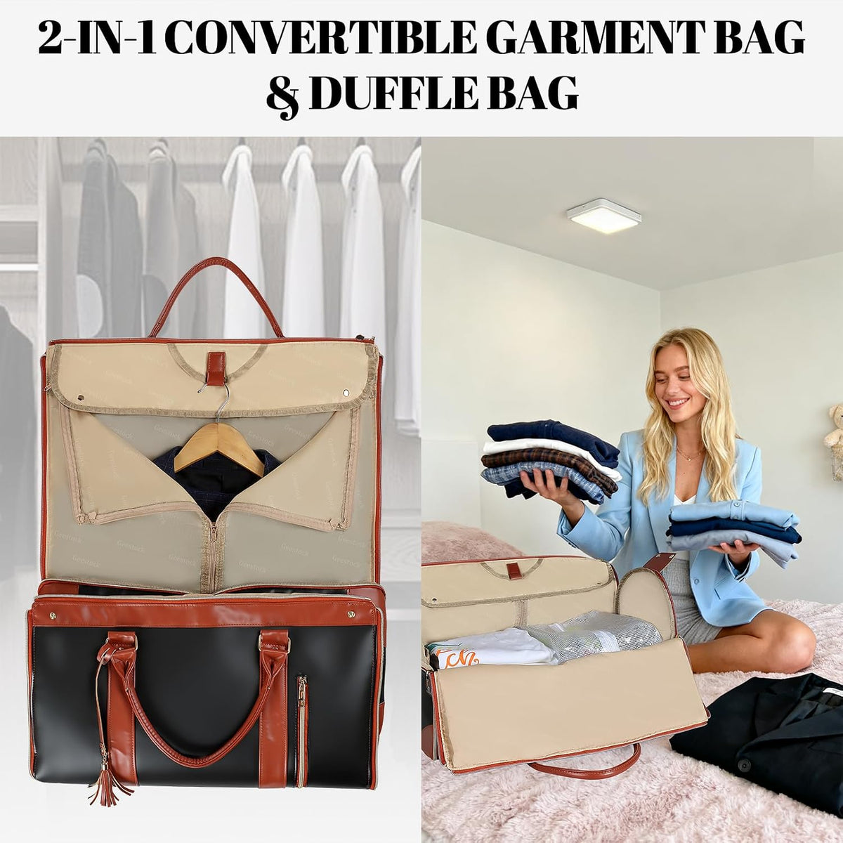 Garment Bags for Travel, Convertible Carry On Garment Duffle Bag for Men & Women with Shoe Pouch & Shoulder Strap, PU Leather, 2 in 1 Hanging Suitcase Suit Bag, Beige