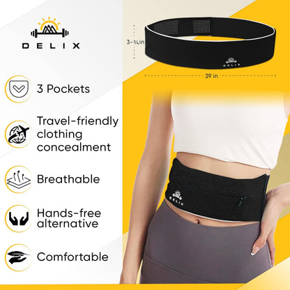 Adjustable 3 Pocket Lightweight Running Belt with Zipper for Women and Men from 24" to 38" Waist for Cell Phone, Money | Anti-Theft Travel Waist Bag