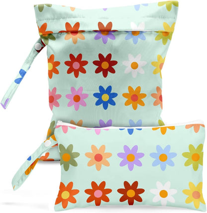 Wet Bag, Wet Dry Bag, Wet Bag for Swimsuit, Travel, Beach, Pool, Diapers, Dirty Yoga Gym Clothes, Toiletries, Makeup Bag, Waterproof Reusable Cute Beach Bag Bee Flower Decor, 2 Pcs Set.