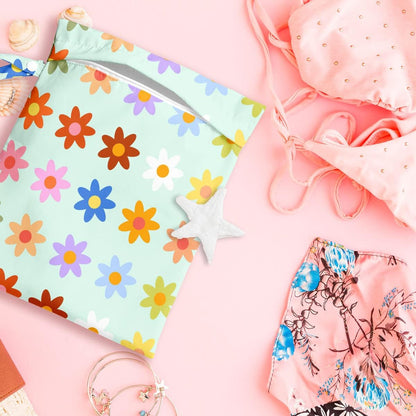 Wet Bag, Wet Dry Bag, Wet Bag for Swimsuit, Travel, Beach, Pool, Diapers, Dirty Yoga Gym Clothes, Toiletries, Makeup Bag, Waterproof Reusable Cute Beach Bag Bee Flower Decor, 2 Pcs Set.