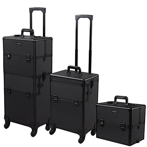 mefeir 2 in 1 Rolling Makeup Train Case Professional Cosmetic trolley on Wheels Aluminum Nail Cart Cosmetic Suitcase for professional makeup artist, Luggage Lockable w/4 Removable Wheels (Black)