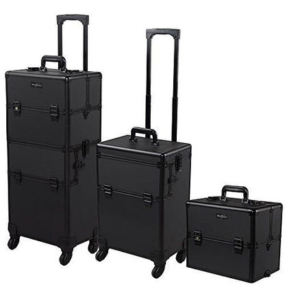 mefeir 2 in 1 Rolling Makeup Train Case Professional Cosmetic trolley on Wheels Aluminum Nail Cart Cosmetic Suitcase for professional makeup artist, Luggage Lockable w/4 Removable Wheels (Black)