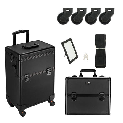 mefeir 2 in 1 Rolling Makeup Train Case Professional Cosmetic trolley on Wheels Aluminum Nail Cart Cosmetic Suitcase for professional makeup artist, Luggage Lockable w/4 Removable Wheels (Black)