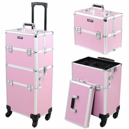 mefeir 2 in 1 Rolling Makeup Train Case Professional Cosmetic trolley on Wheels Aluminum Nail Cart Cosmetic Suitcase for professional makeup artist, Luggage Lockable w/4 Removable Wheels (Black)