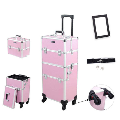 mefeir 2 in 1 Rolling Makeup Train Case Professional Cosmetic trolley on Wheels Aluminum Nail Cart Cosmetic Suitcase for professional makeup artist, Luggage Lockable w/4 Removable Wheels (Black)