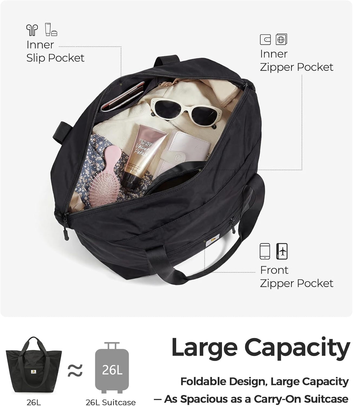 Foldable Travel Bag, 26L Duffle Bag for Travel, Expandable Second Carry-On Bag for Travel & Shopping, Water-Resistant Personal Item Bag, Black