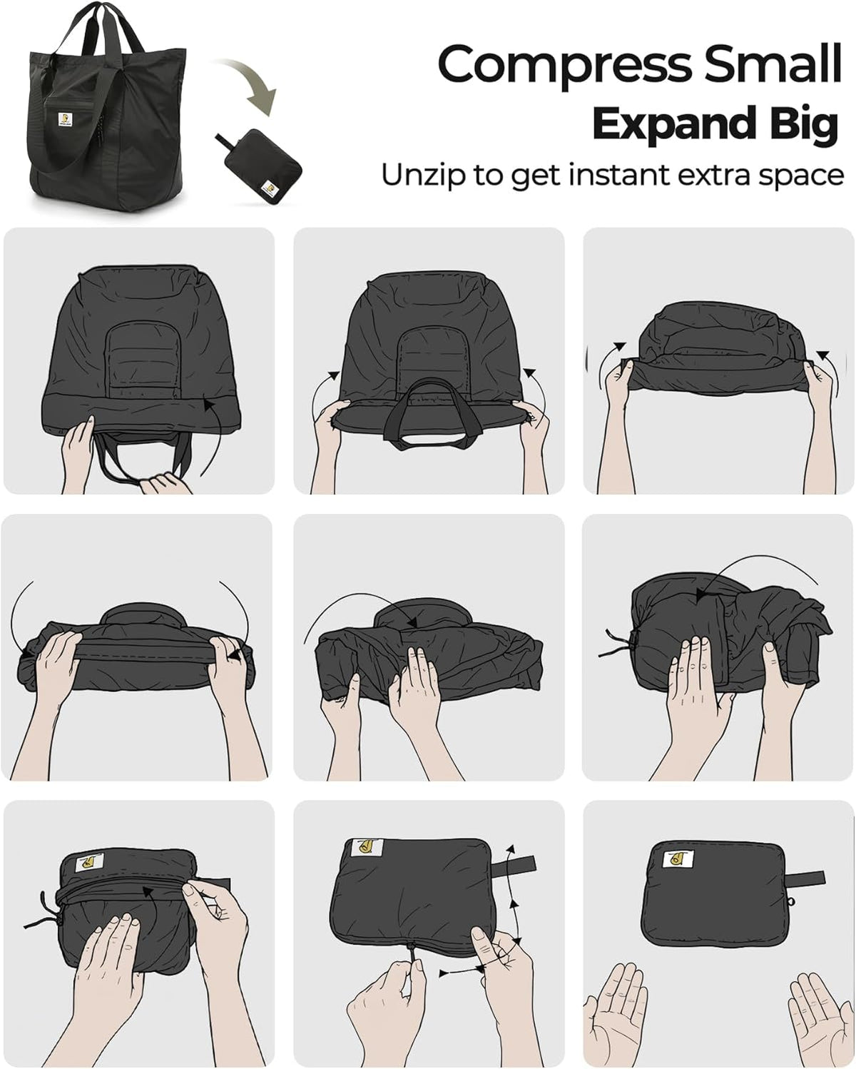 Foldable Travel Bag, 26L Duffle Bag for Travel, Expandable Second Carry-On Bag for Travel & Shopping, Water-Resistant Personal Item Bag, Black