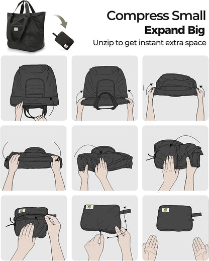 Foldable Travel Bag, 26L Duffle Bag for Travel, Expandable Second Carry-On Bag for Travel & Shopping, Water-Resistant Personal Item Bag, Black