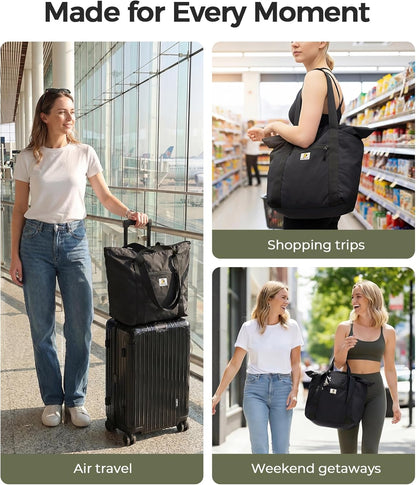 Foldable Travel Bag, 26L Duffle Bag for Travel, Expandable Second Carry-On Bag for Travel & Shopping, Water-Resistant Personal Item Bag, Black
