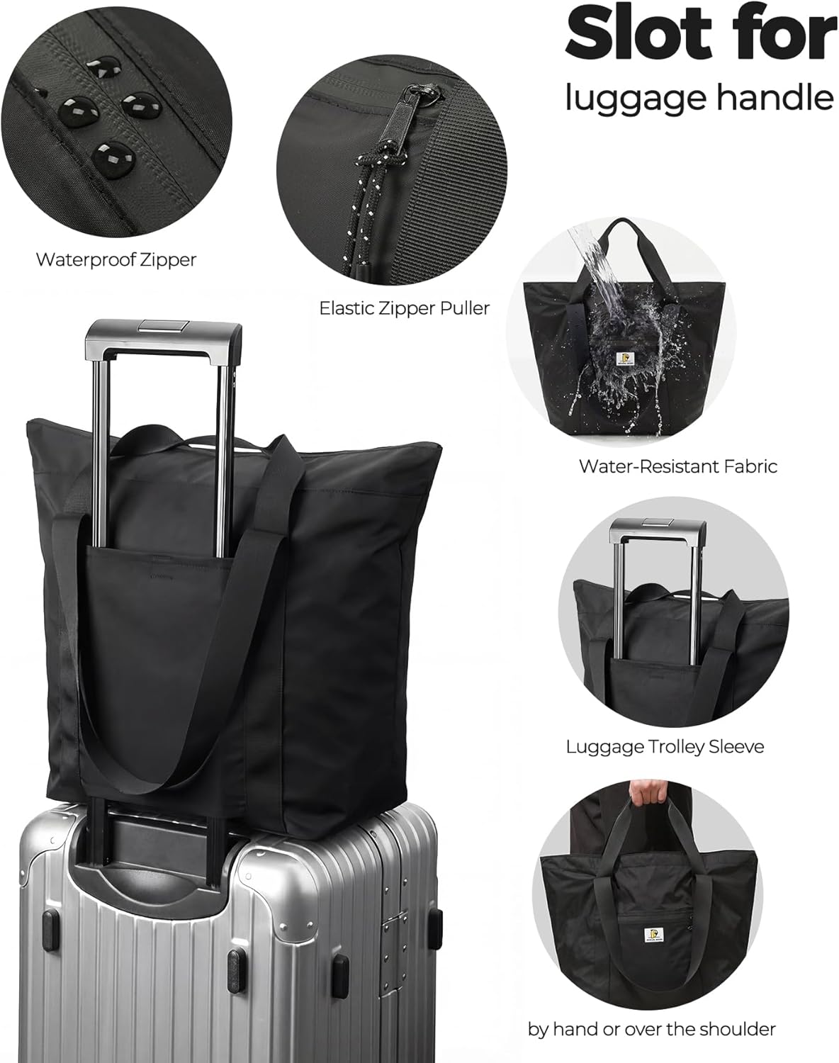 Foldable Travel Bag, 26L Duffle Bag for Travel, Expandable Second Carry-On Bag for Travel & Shopping, Water-Resistant Personal Item Bag, Black